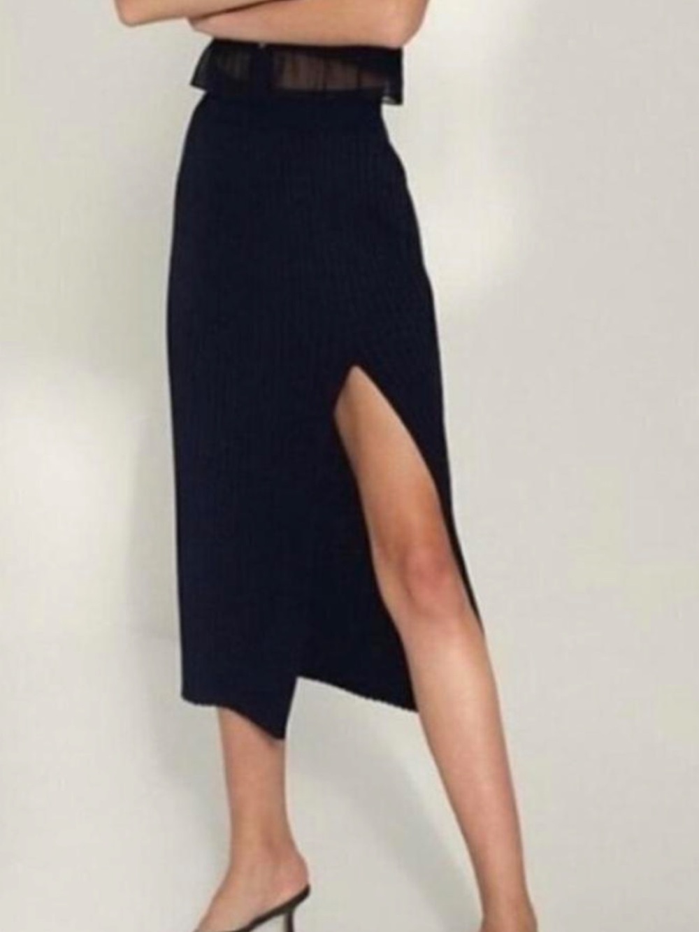 Wilfred Black Ribbed Midi Skirt with High Side Slit
